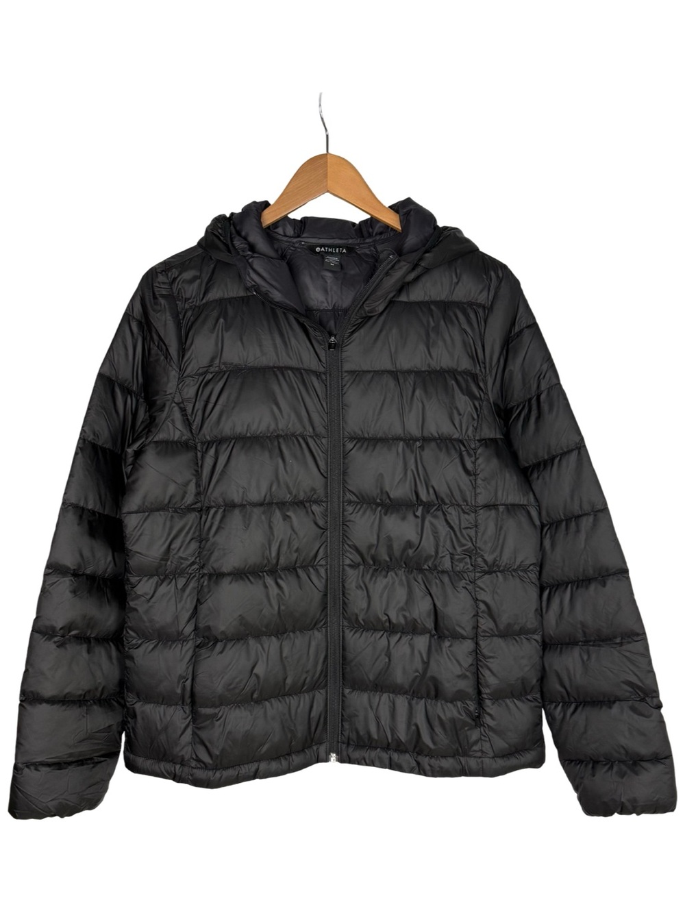 Athleta Aire Puffer Black Lightweight Packable Hooded Jacket Size M EUC - Picture 4 of 12